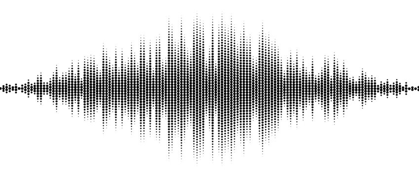Black abstract halftone sound wave element. Dotted music equalizer shape design. Audio radio signal visualization concept. Digital voice assistant line pattern. Song track sample player. Vector