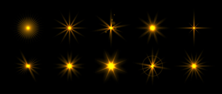 Golden glowing sparkle set. Shining light flare effect collection. Radiant sun beam burst bundle. Magical gold stars, twinkles and sparks glowing pack. Starlight rays radiance sun elements. Vector