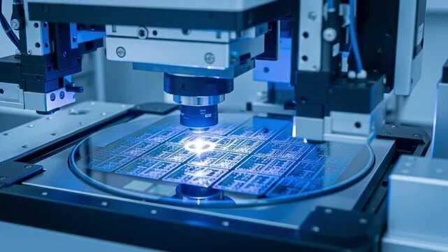 A robotic arm precision manufactures microchips on a production line in a high-tech industrial facility with blue lighting.