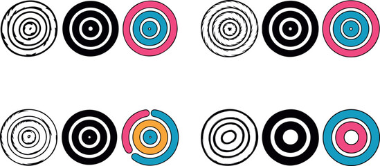 Colorful concentric circles in various patterns and designs on white background