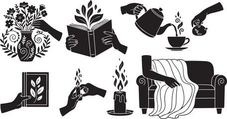 Hands holding various objects in black and white