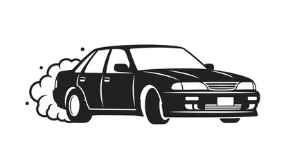 A High-Octane Black and White Vector Illustration of a JDM Sports Sedan Performing a High-Speed Drift with Dramatic Tire Smoke Emphasizing Automotive Performance, Street Racing Culture
