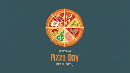 A vibrant flat illustration of a delicious pizza cut into eight gourmet slices, each showcasing a unique assortment of savory toppings, perfect for a culinary celebration