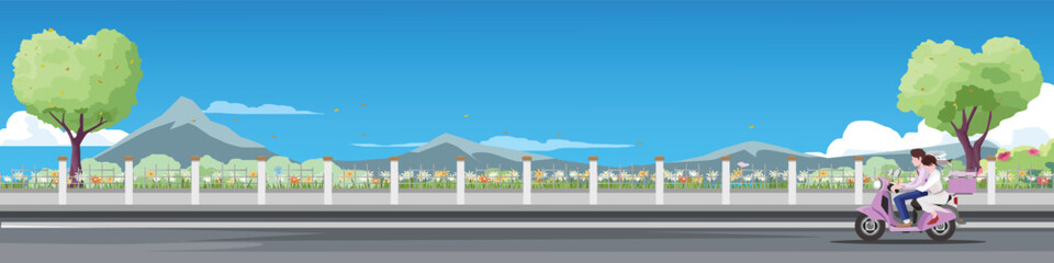 Happy newlywed couple riding a motorcycle on a road through a park. Bride and groom in wedding attire driving with mountain and blue sky background. Just married and honeymoon vector illustration.