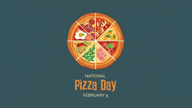 A vibrant flat illustration of a delicious pizza cut into eight gourmet slices, each showcasing a unique assortment of savory toppings, perfect for a culinary celebration