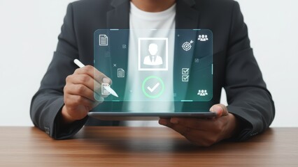 Businessman interacting with futuristic digital interface on tablet