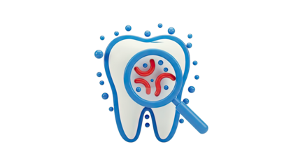 Tooth examination with angry red symbols under magnifying glass