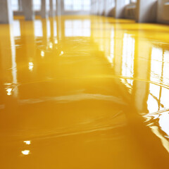 A glossy yellow epoxy-painted industrial floor, freshly coated and wet, with smooth reflective surface and subtle light reflections.