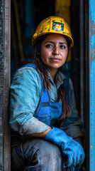 a mexican woman on a industrial enviroment with blue safety gear