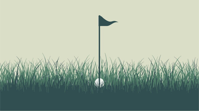 A golf ball and flagstick are partially hidden in tall green grass on a golf course.