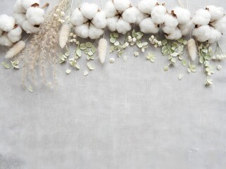 Natural Cotton and Dried Floral Border on Grey Fabric