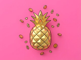 Golden Geometric Pineapple with Wealth Symbols on Pink