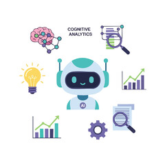 Flat lay illustration of a robot surrounded by cognitive analytics and business icons on a white background with a mix of purple, green, and yellow colors.