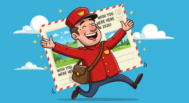 Happy Cartoon Mailman Running with Letters.