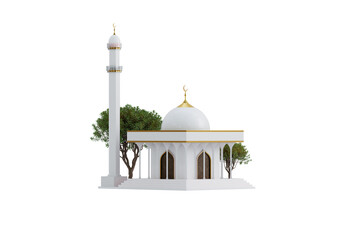 A modern white mosque with a single minaret and dome on an isolated black background © Pixora