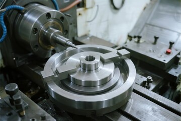 Precision machining of metal component on industrial lathe