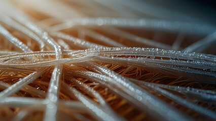 Spiky organic structures with dew drops sit on dark surface under bright studio light. Science concept