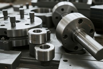 Precision metal machined parts arranged on a workshop surface