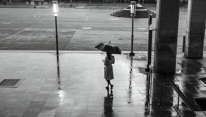 A Black And White, High-contrast Photograph Of A Lone Figure With An Umbrella Walking Across A Vast, Empty Plaza On A Rainy Day.