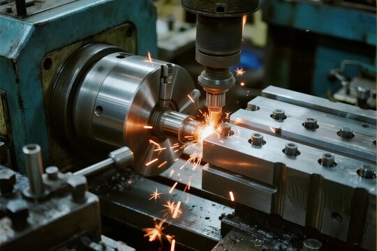 Metalworking machine cutting metal with sparks flying during industrial manufacturing process - Powered by Adobe
