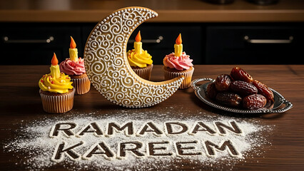 Ramadan Kareem message with a festive crescent moon cookie, sweet candle cupcakes, and dates, celebrating culinary traditions and holiday warmth