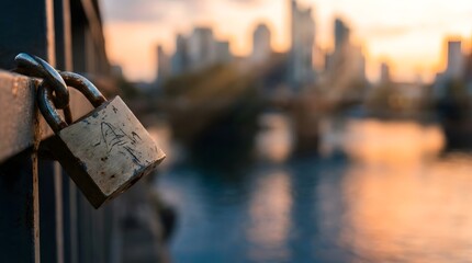 Love Lock on Bridge Railing with Blurry City Skyline at Sunset