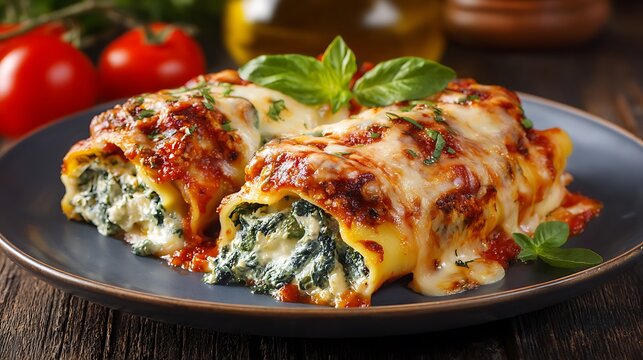 Spinach and ricotta cannelloni with melted cheese and sauce for an Italian menu.