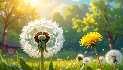 Sunny meadow scene featuring a large, fluffy dandelion seedhead beside a bright yellow flower. Green grass and trees create a vibrant background