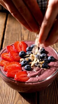 Smoothie Bowl Preparation Topping Berries Granola Coconut