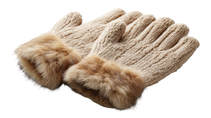Beige knit gloves with fur cuffs, stacked