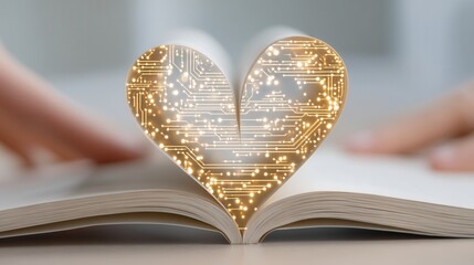 valentine day in the future concept. Heart shape formed by book pages with a circuit design.