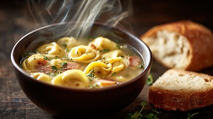 Steaming bowl of Italian tortellini pasta soup rests beside thick slices of crusty bread on a table.