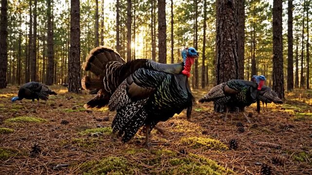 A group of wild turkeys stand in a forest clearing, sunlit pines in the background
