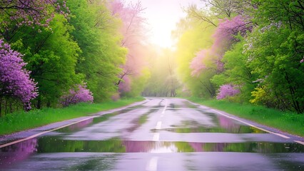 Obraz premium Serene Road with Blooming Trees.