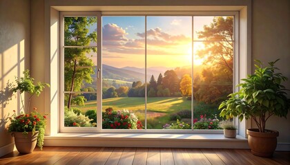 Sunny morning view seen through a large window overlooking a vast landscape with fields, trees, mountains, and a bright sky