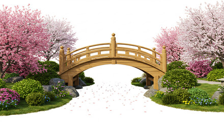 Arched wooden bridge in a peaceful Japanese garden blooming with cherry trees and delicate scattered pink petals. AI Generated