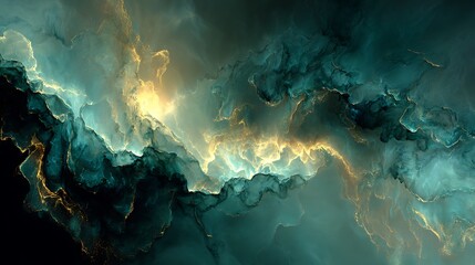 Abstract teal and gold fluid art background with a luxurious and elegant swirling marble texture