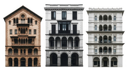 Obraz premium Three ornate buildings with arched windows isolated on transparent background