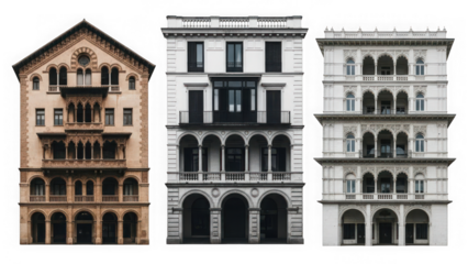 Three ornate buildings with arched windows isolated on transparent background