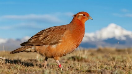 A red grouse stands on grassy terrain with snow-capped mountains in the background under a clear blue sky.