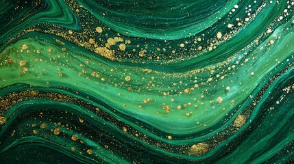 Emerald green and gold abstract fluid art background with glitter and swirling paint texture design