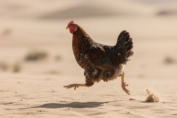 A brown hen running across a sandy surface in a desert-like environment