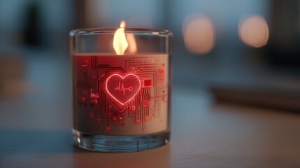 valentine day in the future concept. Candle with heart design and circuitry in warm ambient light.