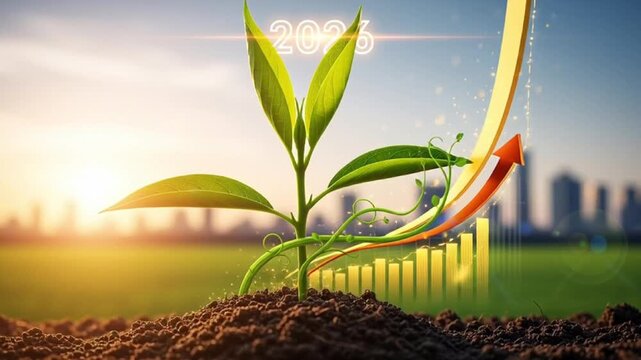 A green plant grows rapidly in fertile soil with a cityscape and sunny sky in the background showing growth.