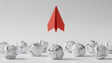 Red Paper Plane Flying Above Crumpled Paper