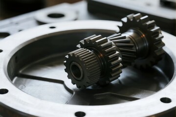 Close-up of metallic gears inside a mechanical housing
