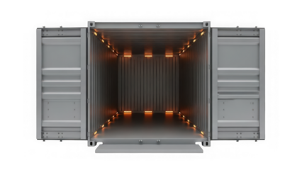 Open gray shipping container with lights inside isolated on transparent background