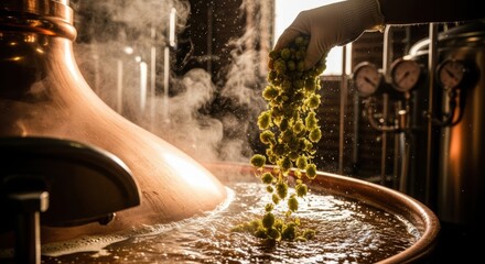 Close-up of hop flowers being added to a craft beer brew in a Utrecht brewery, the process captured with dramatic brewing atmosphere.