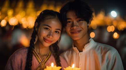 Young Couple Holding Candles at Kyaik Khauk Pagoda Festival in Thanlyin, Yangon Outskirts, Myanmar