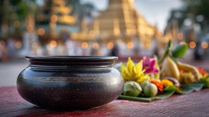 Ceremonial Pot and Offerings at Kyaik Khauk Pagoda Festival in Thanlyin, Yangon Outskirts, Myanmar